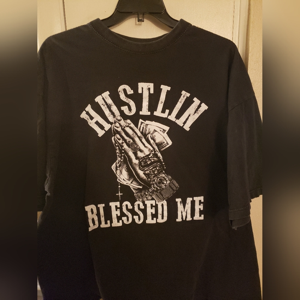 Black Graphic Tee with Hustlin Blessed Me Print Size 5XL